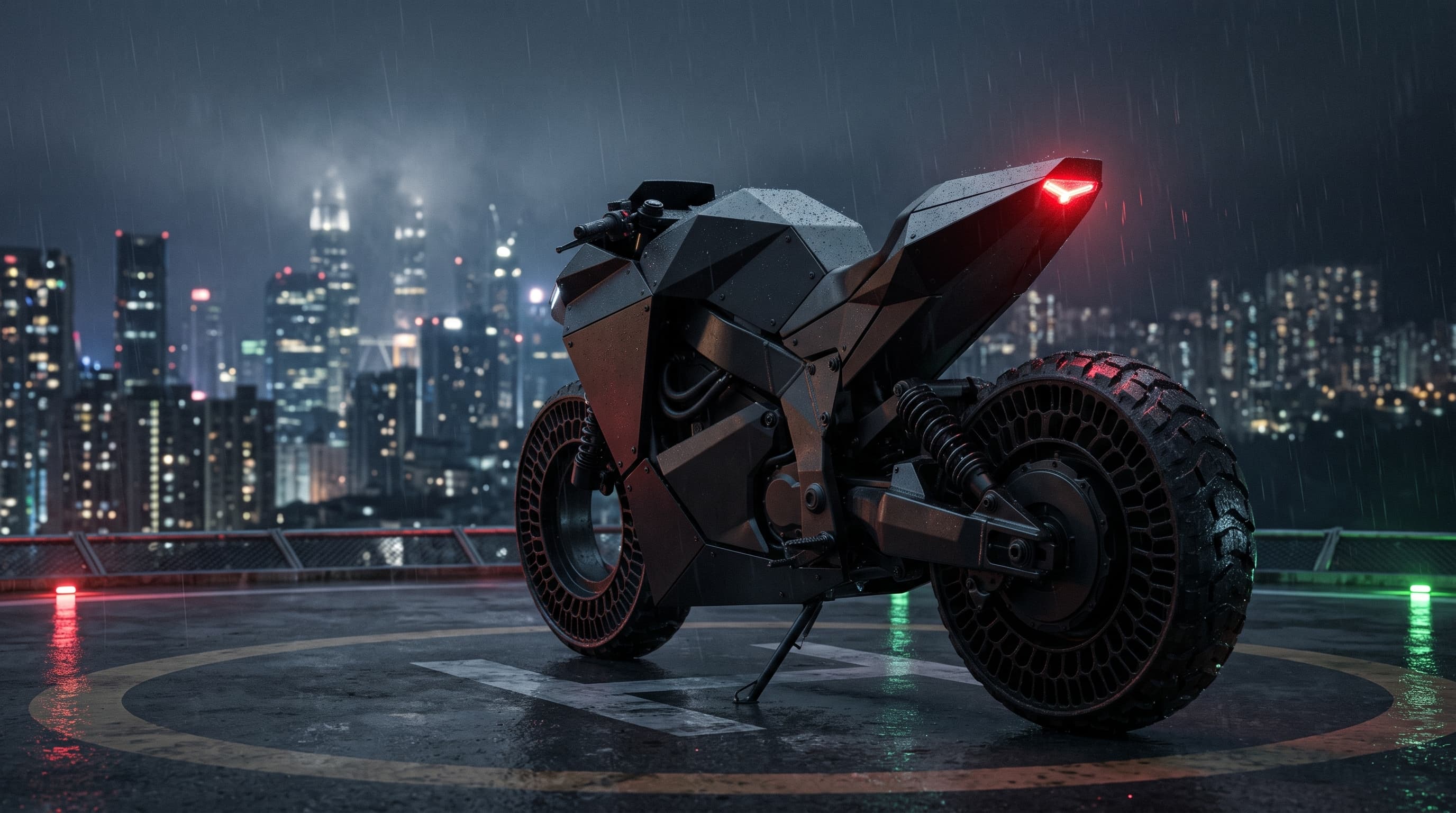 Monolith from the rear on a rainy rooftop helipad, tail light glowing