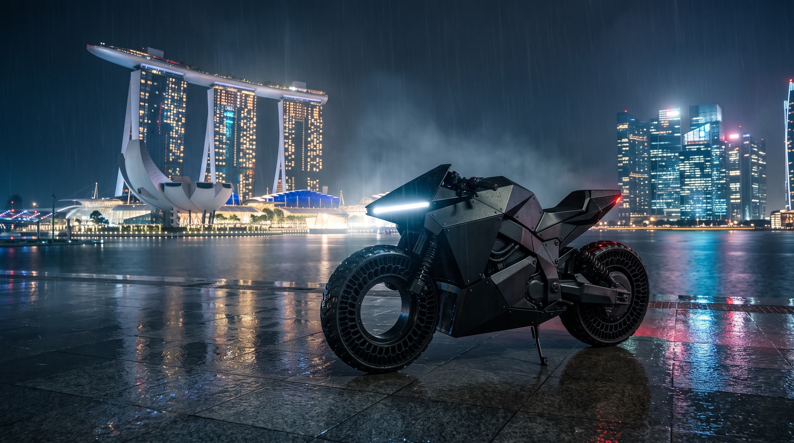 Monolith parked alone on the wet Marina Bay waterfront at night