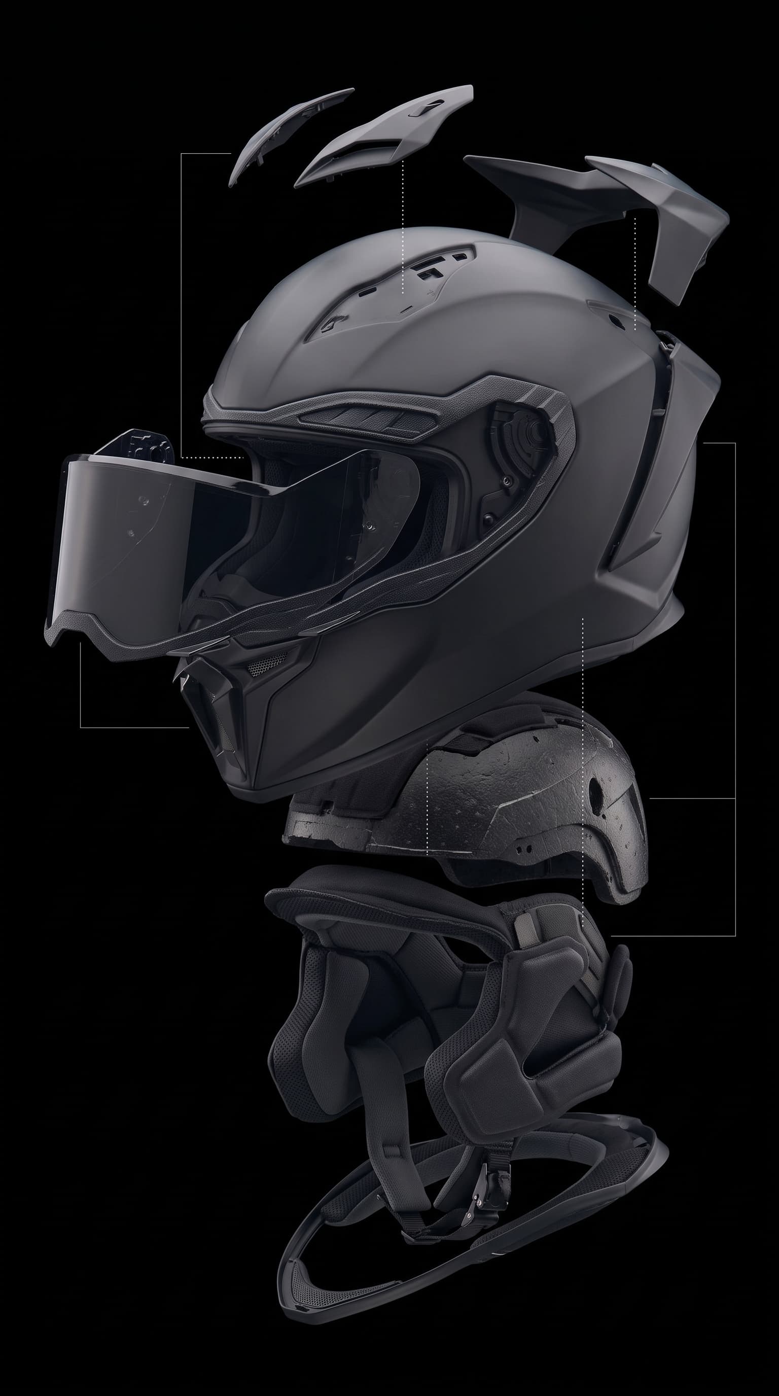 Exploded view of the TPE showing spoiler, vents, shell, visor, impact liner and comfort liner