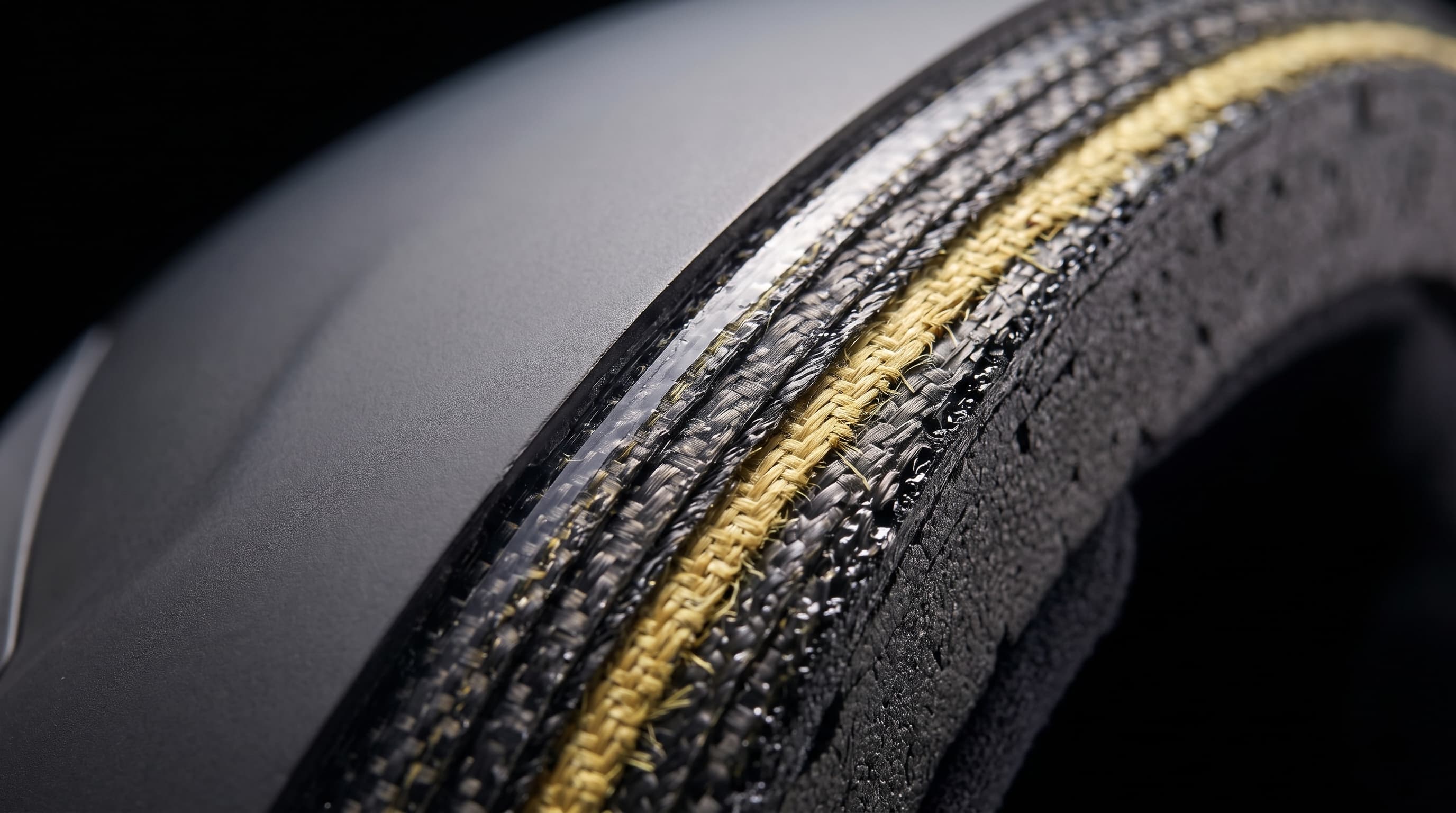 Cross-section of the TPE shell showing carbon and aramid layers over the impact foam